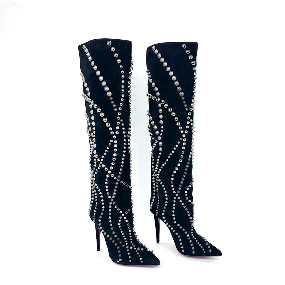 NIB Christian Louboutin 36.5 Astrilarge Botta Pika Black Suede Knee High Boots